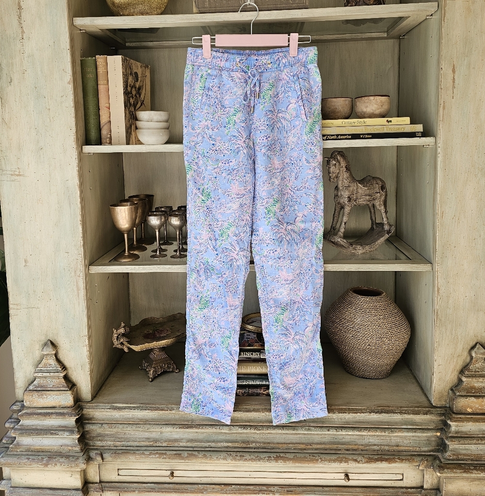 Lilly Pulitzer 100% Linen Floral Trouser Blue Peri Turtle Package Pants - Picture 7 of 12